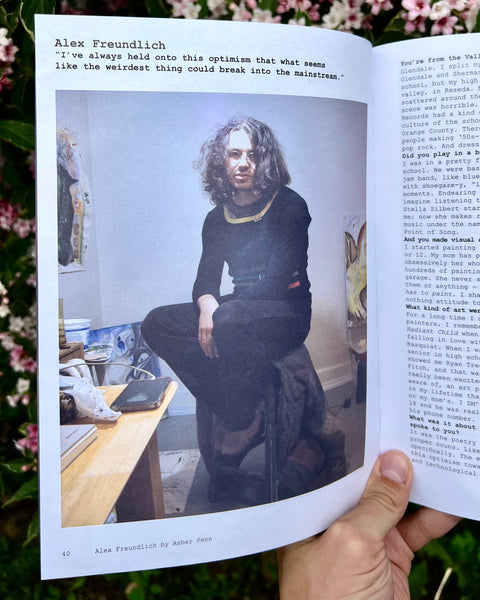 The first page of Alex Freundlich's individual interview by Asher Penn in the Sex Magazine x Whistlegraph zine.