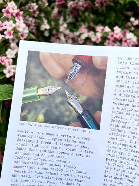 Camille Klein, Alex Freundlich, and Jeffrey Scudder's fountain pens in The Whistlegraph Zine by Asher Penn.